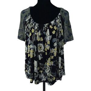 Free People Womens Blouse Top Floral Cold Shoulder Short Sleeve Black Small‎